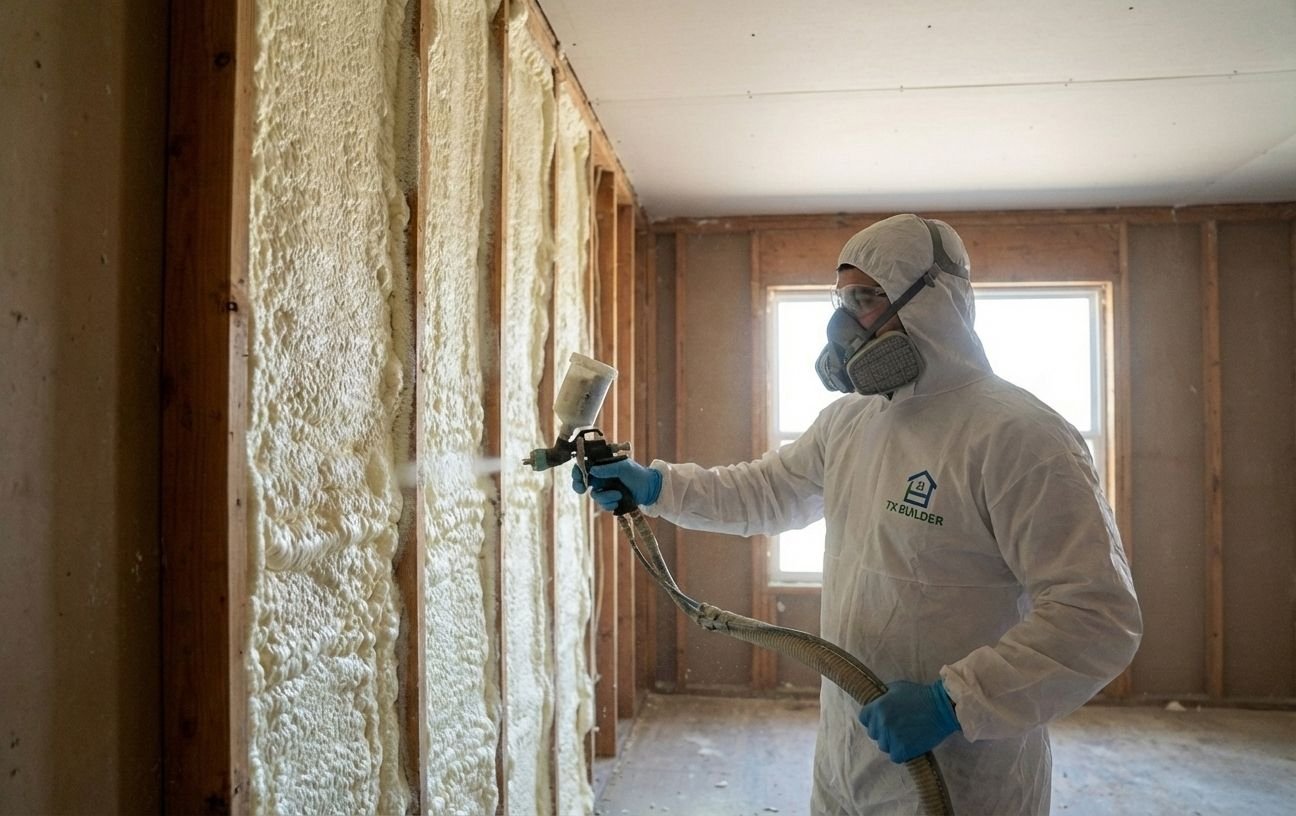 TX Builder technician on an insulation job in Pflugerville, TX