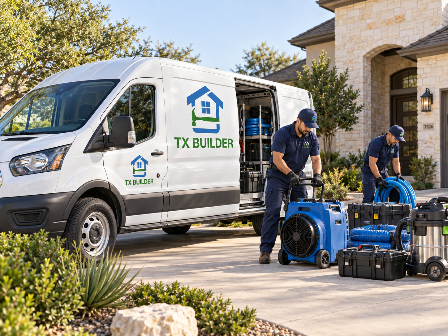 TX Builder technician with duct cleaning equipment next to the service van